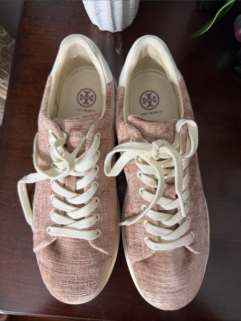 Tory Burch Velvet Lace-Up Sneakers in Blush and Cream